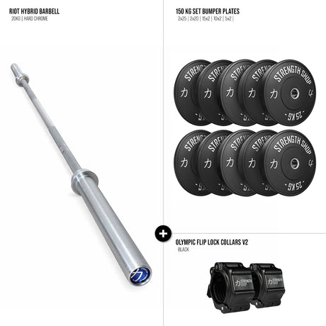 Riot Hybrid Barbell & Bumper Plates Bundle – 150kg - Strength Shop