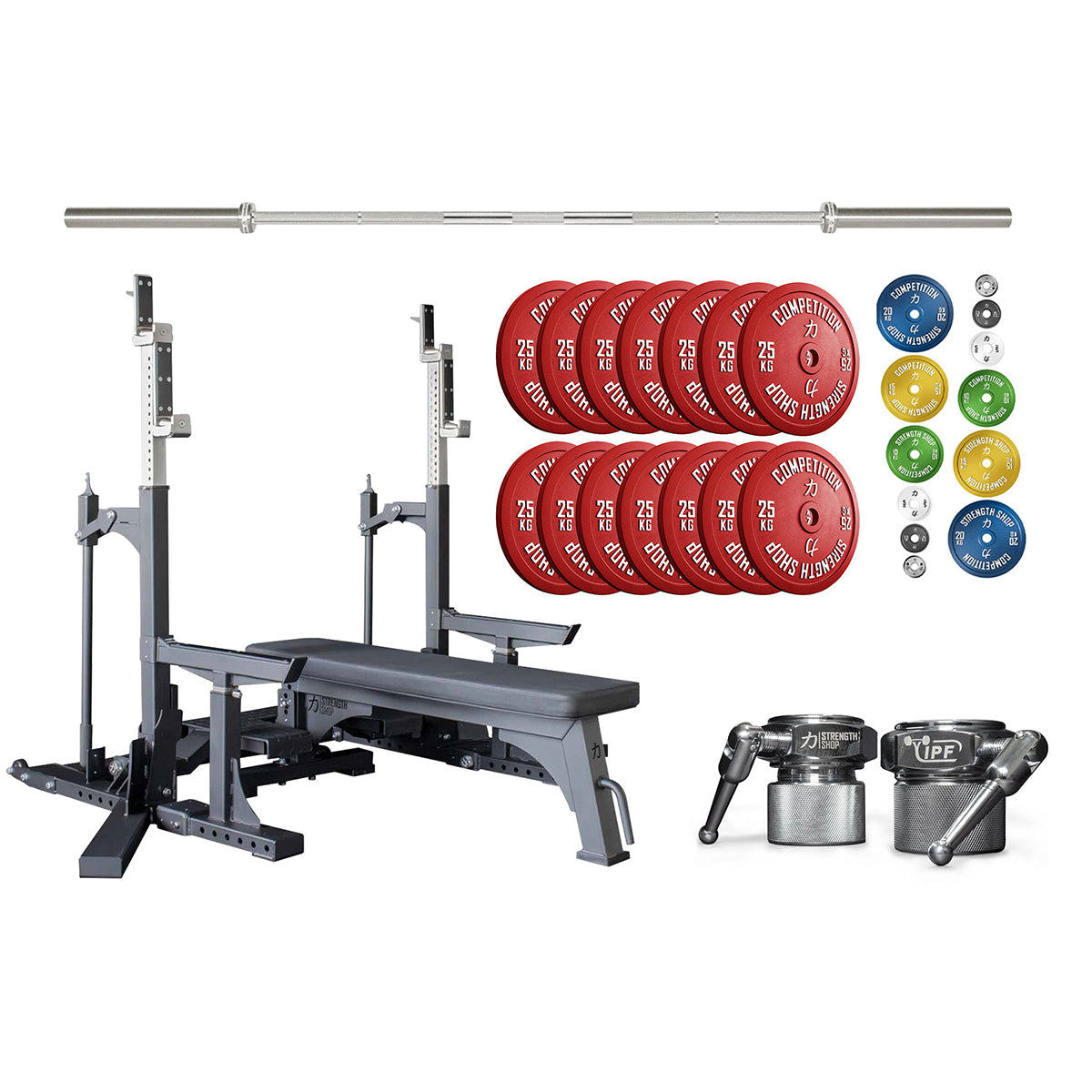 Competition Powerlifting Set: Pro Combo Rack + Calibrated Plates + Bastard Bar + Collars - Strength Shop
